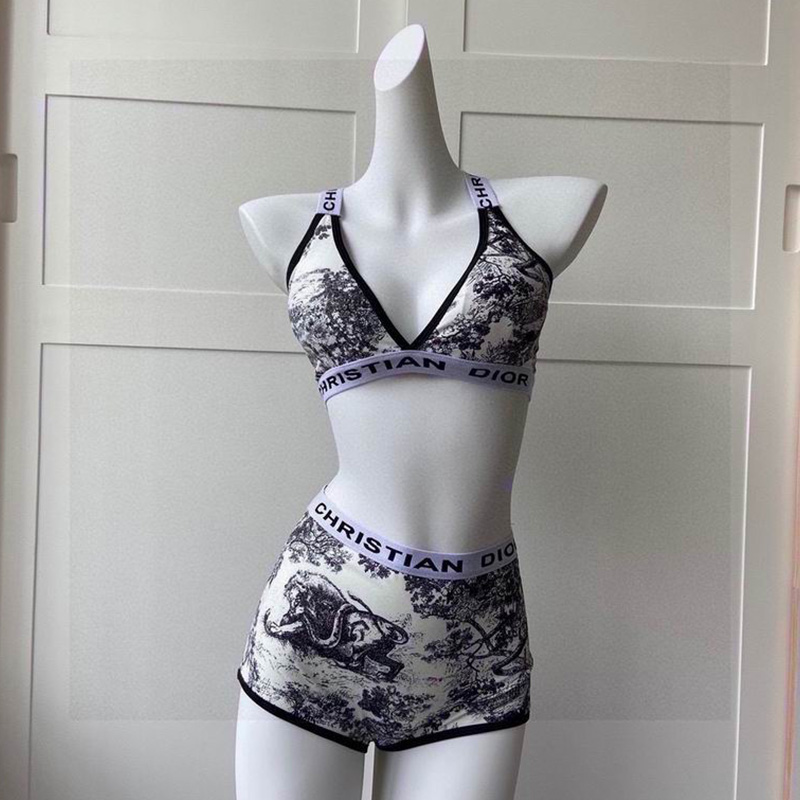 Christian Dior Two-Piece Crisscross Swimsuit Women Toile De Jouy Lycra Beige
