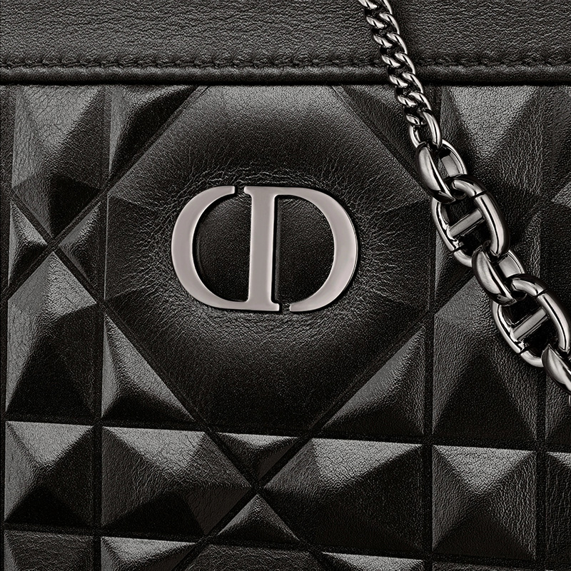 Dior Caro Zipped Pouch with Chain Cannage Calfskin with Diamond Motif Black