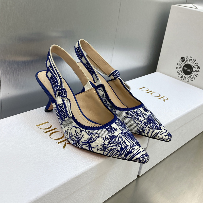 J'Adior Slingback Pumps Women Toile de Jouy Voyage Motif Cotton Blue