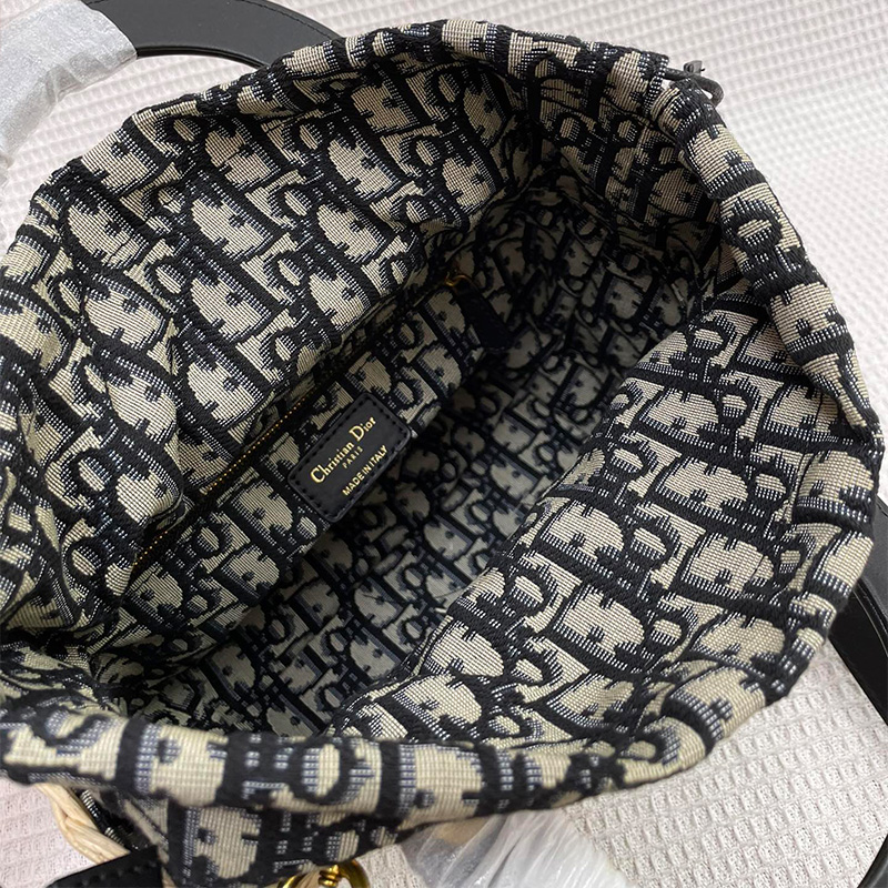 Medium Lady Dior Bag Wicker and Oblique Motif Canvas Black