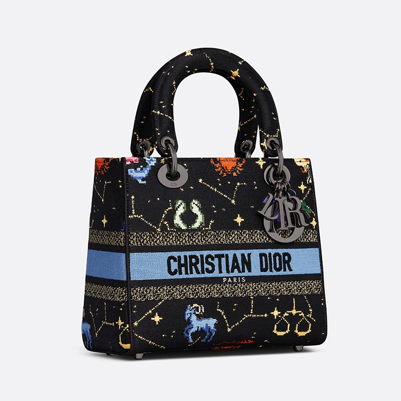 Medium Lady D-lite Bag Pixel Zodiac Motif Canvas Black